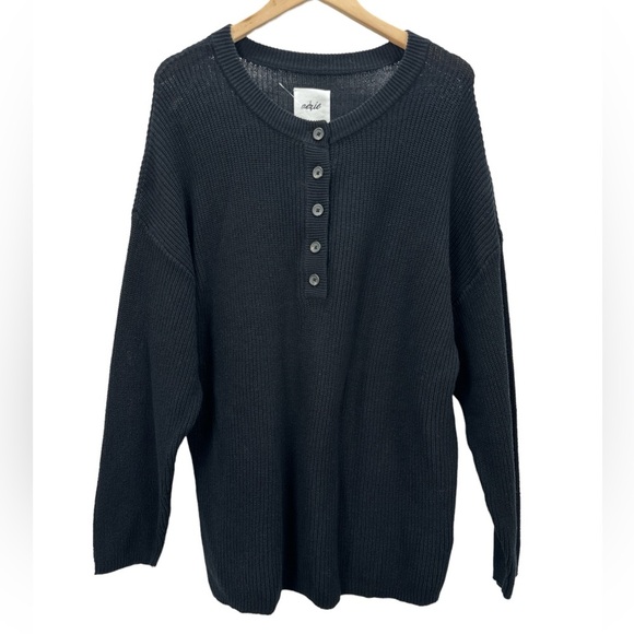 Aerie Henley Oversized Knit Cotton Sweater Black - Picture 3 of 12